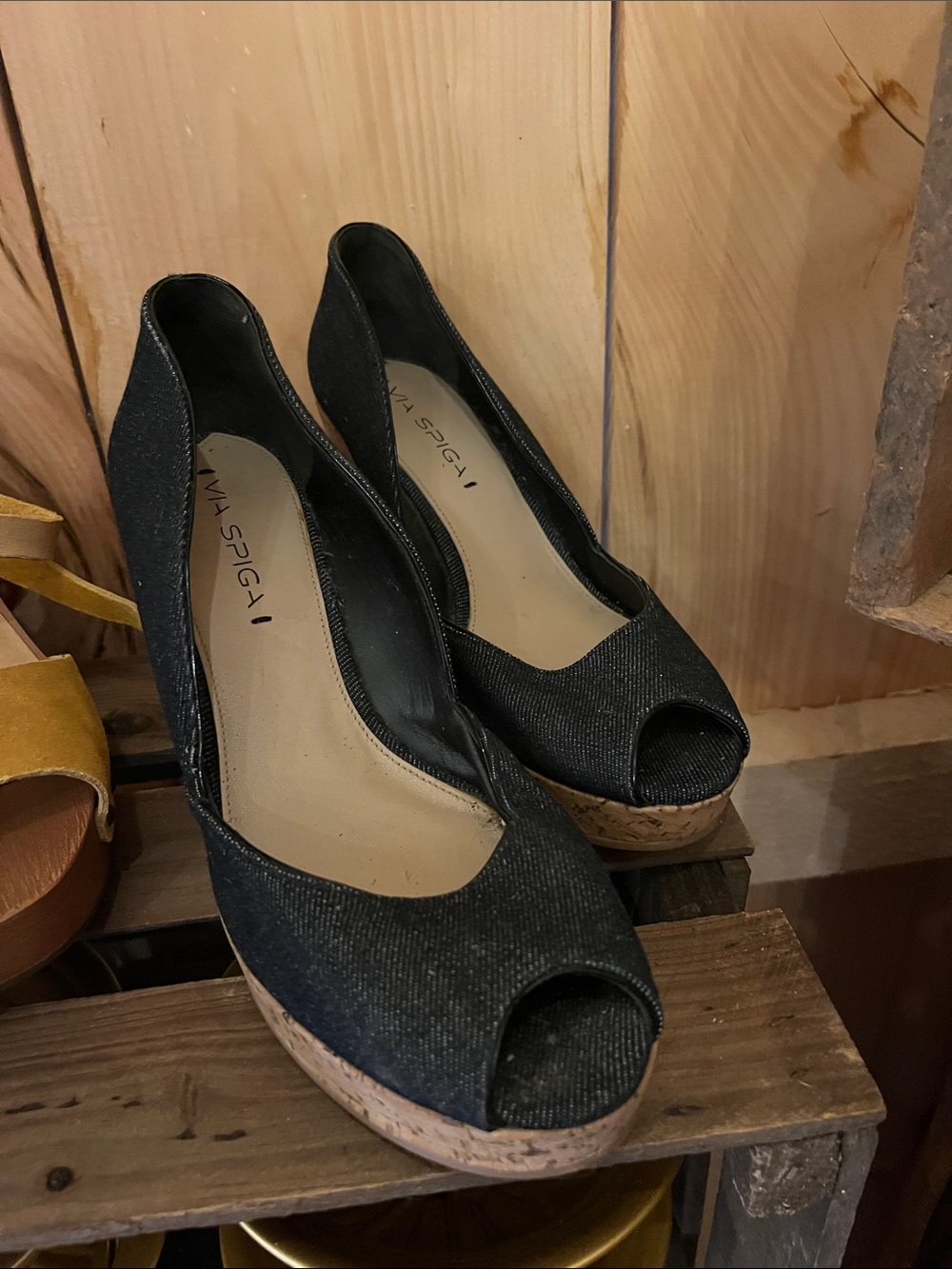 Via Spiga Black Open-Toe Cork Wedge Heels
